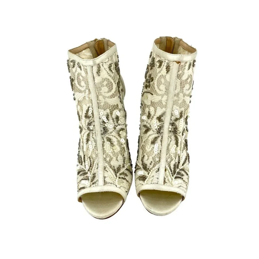 Badgley Mischka Moyra Booties Peep toe Beaded Sequin Beige Ankle SZ 7.5